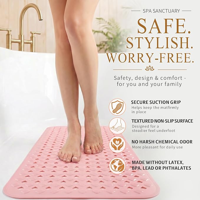 Yimobra Bathtub Mat Non Slip, Super Strong Suction Cups, 28"X16" Long Shower Mat with Drain Holes, Machine Washable Fast Draining Bath Mats, Bathroom Essentials,Pink