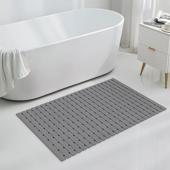 OTHWAY Large Shower Mat, 35.4 x 24 Inch No Suction Cup Shower Mat Non Slip, Quick Drain Large Non Slip Shower Mats for Inside Shower, Heavy Duty Curlable PVC Shower Floor Mat, Dark Grey