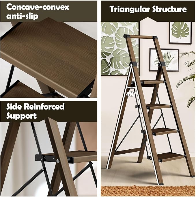 Taranta 4 Step Ladder, Portable Folding Ladder with Wide Pedal, Lightweight Aluminum Step Stool with Convenient Handgrip, 330 lbs Capacity Stepladder for Home, Office - Walnut