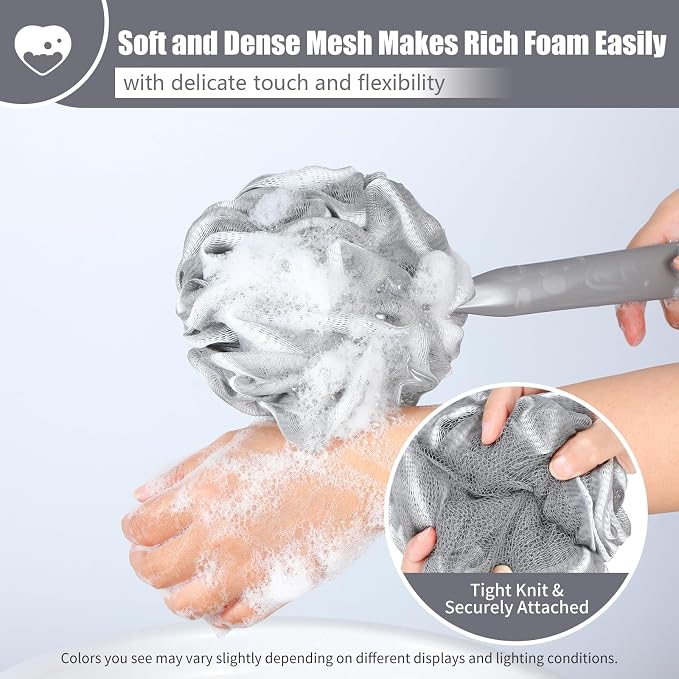 VANZAVANZU Loofah Sponge Set Back Scrubber for Shower, Anti-Slip Plastic 17" Handle Loofah on a Stick with Fluffy Shower Sponge, PE Soft Mesh Shower Loofahs-Gray with White Edge
