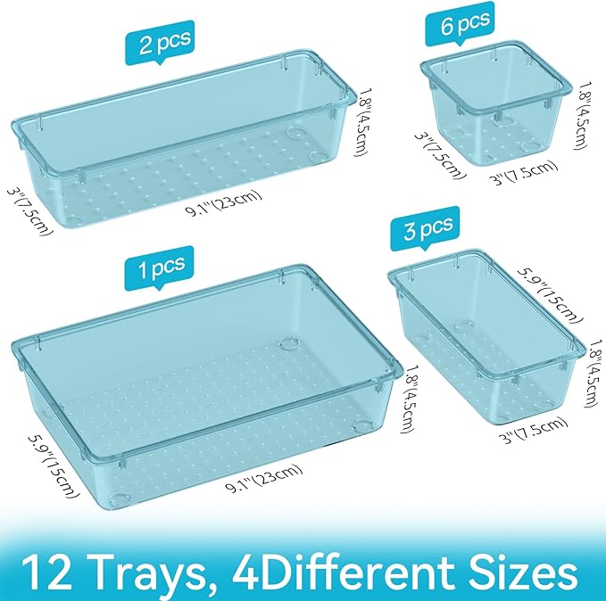 ElegantArray 12-Piece Drawer Organizer Set, 4 Sizes Versatile Plastic Vanity Organizer for Makeup, Stationery, Gadgets, in Kitchen, Bathroom, Office, and Bedroom, Sea Blue