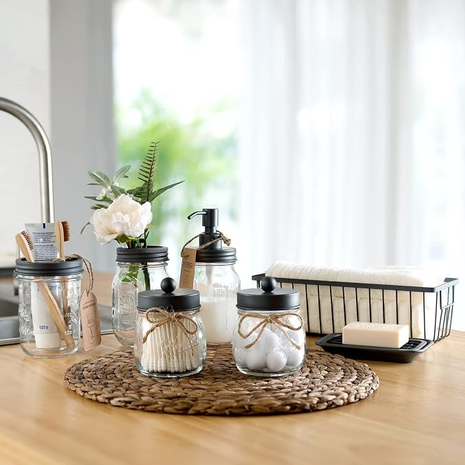 SheeChung 6Pcs Mason Jars Bathroom Accessories Set - Toothbrush Holder, Soap Dispenser, Qtip Holders, Soap Dish, Wire Paper Storage, Farmhouse Bathroom Decor (Vintage Grey, 6Pcs Bathroom Set)