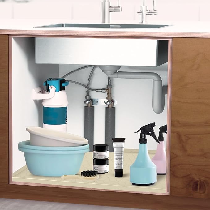 Under Sink Mat for Kitchen Silicone Waterproof Under Sink Liner, Flexible Sink Cabinet Organizer Tray with Drain Hole, Hold up to 3.3 Gallons Liquid, Easy to Clean