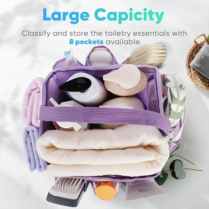 EUDELE 2 Pack Mesh Shower Caddy Portable for College Dorm Room Essentials, Shower Caddy Dorm with 8-Pocket Large Capacity,Shower Bag for Beach,Swimming,Gym All Black+All Purple