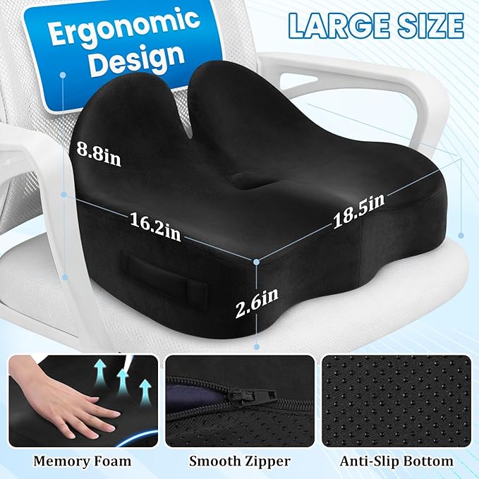 CushZone Seat Cushion, Ergonomic Memory Foam Seat Cushions for Office Chairs, Car, Long Trip, Desk Chair, Lab, Extra Large Size for Sciatica & Hip & Tailbone Pain Relief, Sciatica Support (Black)