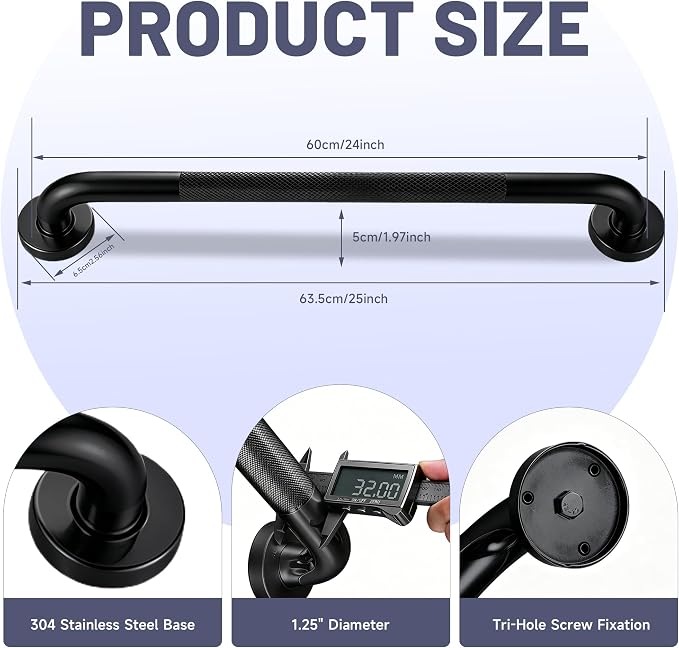 24 Inch Shower Grab Bar, XIANTHUS Black Anti Slip Safety Bars, 304 Stainless Steel Bathroom Handrail, Handicap Grab Bars for Wall, Shower Grip Handle for Seniors Elderly Injury Assist Bath (1.25" Dia)