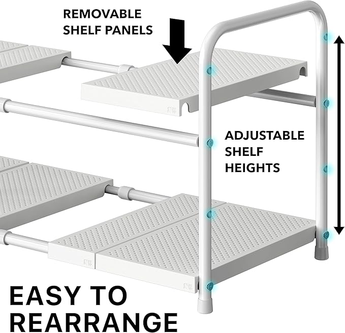 Simple Houseware Under Sink 2 Tier Expandable Heavy Duty Metal Shelf Organizer Rack, White (Expand from 15 to 25 inches)