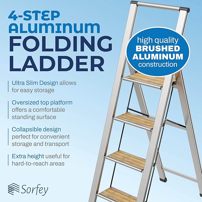 Step Ladder 4 Step Folding, Decorative - Beautiful Bamboo & Silver Aluminum, Ultra Slim Profile, Anti Slip Steps, Sturdy-Portable for Home, Office, Kitchen, Photography Use,by SORFEY