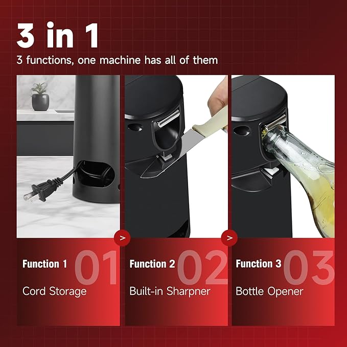 Davivy Electric Can Opener, Removable Stainless Steel Cutter and 3-in-1 Design with Knife Sharpener and Bottle Opener (Black-Stainless Steel)