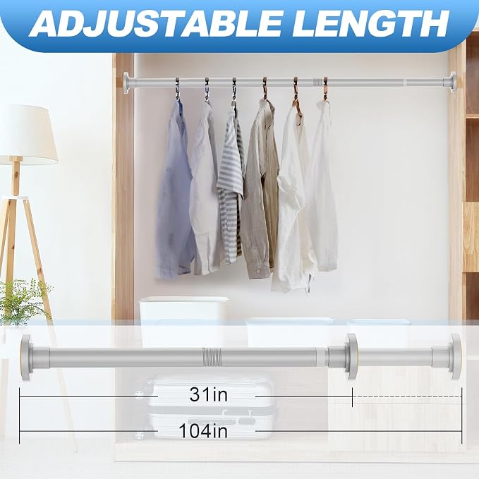 CorkLatta Silver Shower Curtain Rod 31 to 104 Inch,1 Inch Diameter Adjustable Spring Tension Curtain Rod No Drilling Stainless Steel Telescoping Rod,No Rust