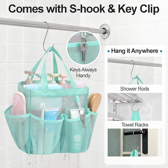 F-color Mesh Shower Caddy Portable, Upgrade Deeper 7 Pockets Shower Bag Basket Tote for College Dorm Room Toiletry Bathroom Essentials Gym Camp Quick Dry 2 handles with S Hook, Sage Green