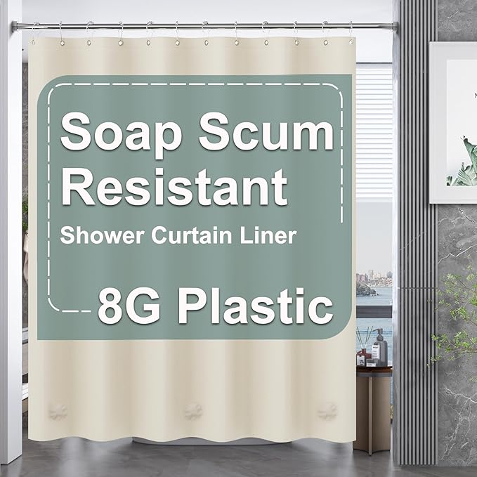AmazerBath Plastic Shower Curtain Liner, 72 x 78 Inches PEVA Beige Shower Curtain with Heavy Duty Clear Stones and Grommet Holes, Waterproof Thick Bathroom Plastic Shower Curtains