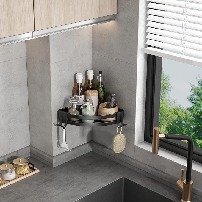 VOLPONE Corner Shower Caddy with Razor Holder Adhesive Shower Shelf Corner No Drilling Bathroom Corner Shower Organizer Storage Rack (2-Pack, Black)
