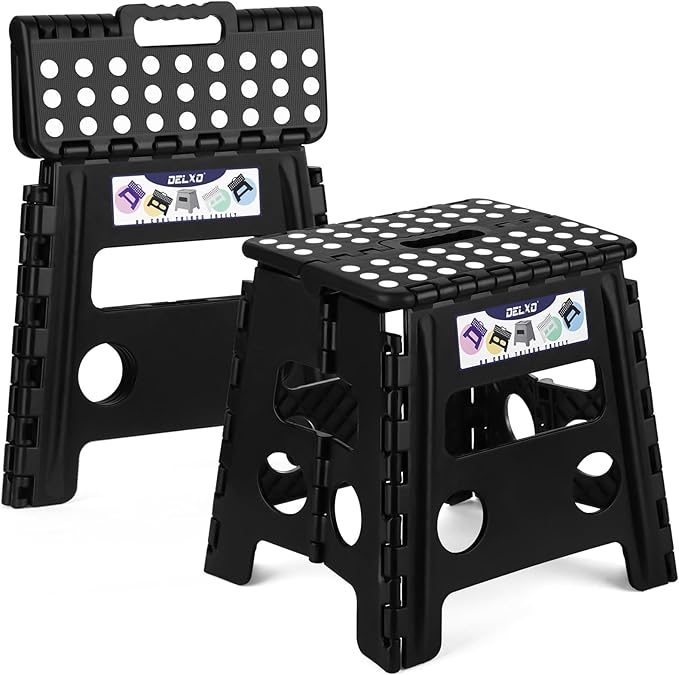 Delxo 13 inch 2 Pack Folding Step Stool, Non-Slip Foldable Stools Up to 300 LBS, Step Stool with Handle, Lightweight Collapsible stools for Kitchen, Bathroom, Bedroom, Garden (Black)