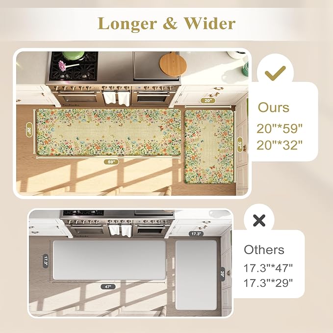 KIMODE Anti Fatigue Kitchen Mats for Floor 20"x59"+20"x32", Cushioned Farmhouse Kitchen Rugs, Non Slip Waterproof Kitchen Floor Mats, Comfort Standing Mats for Laundry Office Sink Desk Brown