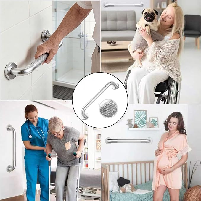 16" Brushed Nickel Bathroom Non-Slip Grab Bar, Stainless Steel Knurled Wall Hanging Safety Pole, Elderly Tub Shower Load-Bearing Balance Handle