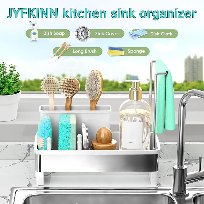 Sink Caddy Organizer, Kitchen Sponge Holder for Sink with Quick Drain Tray & Detachable Towel Rack, Sturdy Rustproof Kitchen Countertop Organizer for Sponge Soap Dispenser (White)