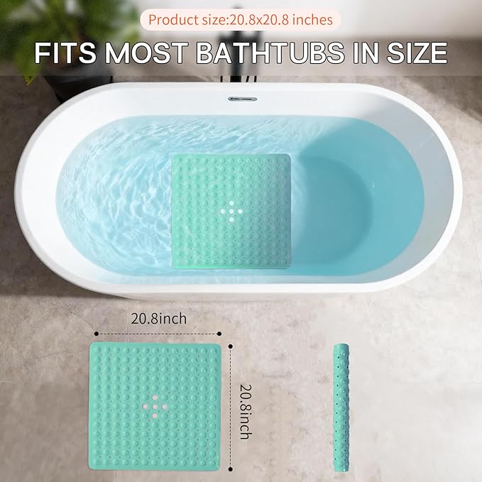 Anti-Slip Bathtub Shower mat, 21×21（ 53×53cm） inch Soft Oversized Machine Washable Non-Slip Bathtub mat with Drainage Holes, Bathroom Floor Suction Cup.（1-Turquoise Green）