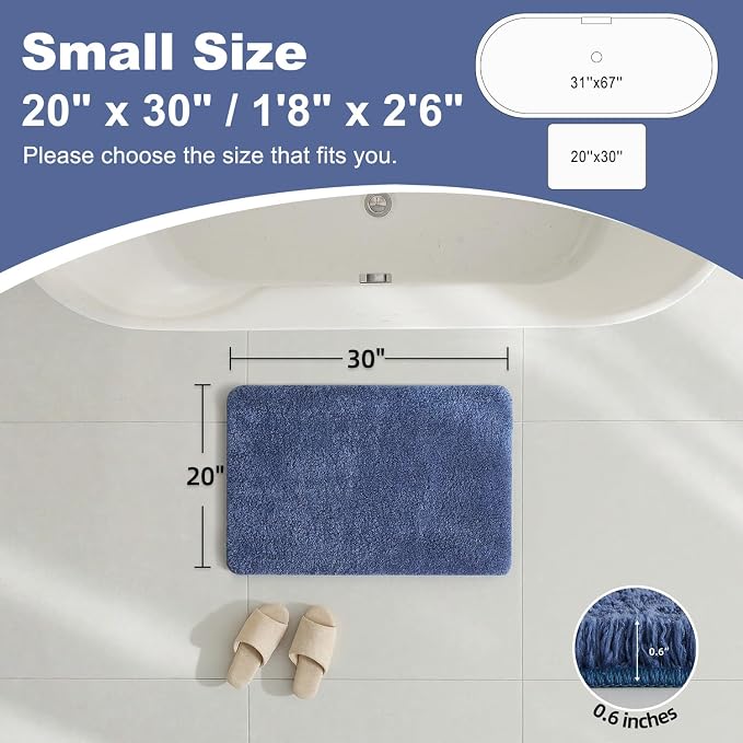 TYUU Bathroom Rugs Non Slip Washable, Ultra Soft Super Absorbent Quick Dry Small Bath Mat with Rubber Backing for Bathroom Floor, Shower, or Sink, Denim Blue 20" x 30"