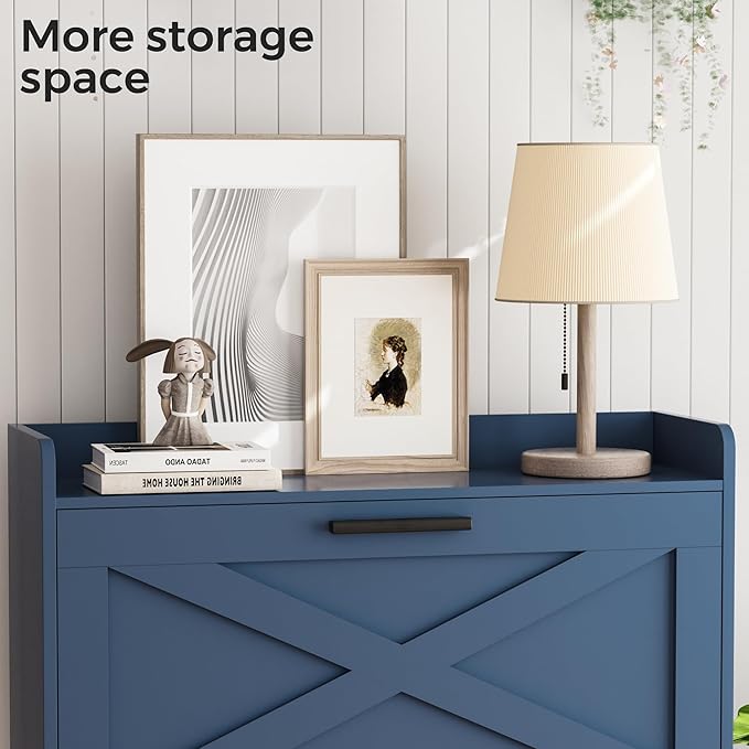 Homleke 32" W Farmhouse Shoe Storage Cabinet with 2 Flip Drawers and Barn Door Design, Adjustable Shelves, Modern Hidden Slim Narrow Shoe Rack Cabinet for Entryway, Foyer, Hallway, Living Room, Blue