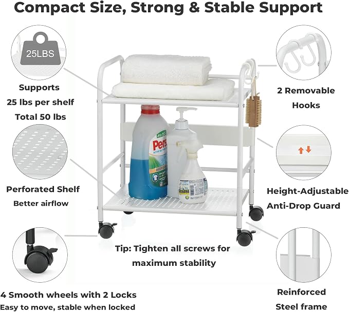 2-Tier Metal Rolling Cart, Under Desk Storage with 12.2" Shelf Clearance, Anti-Drop Guard & Hooks, Compact Utility Cart for Kitchen, Office, Laundry, Bathroom, Pantry, Living Room - White