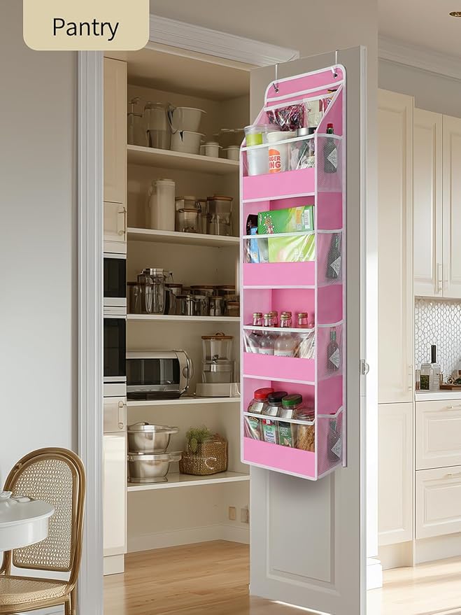 Yecaye 5 Tier Over the Door Organizer, Swing-proof Door Organizer Hanging with Clear PVC Windows, Behind the Door Storage for Bedroom Nursery Closet Laundry Pantry Bathroom, Bubblegum Pink