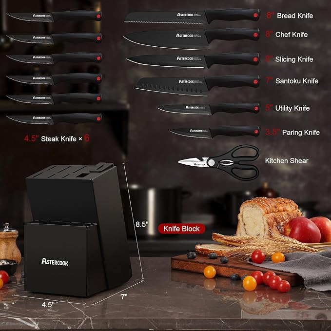 Knife Set, Astercook 15 Pieces Knife Sets for Kitchen with Block, Dishwasher Safe Kitchen Knife Set with Built in Sharpener Block, German Stainless Steel Kitchen Utensils Set