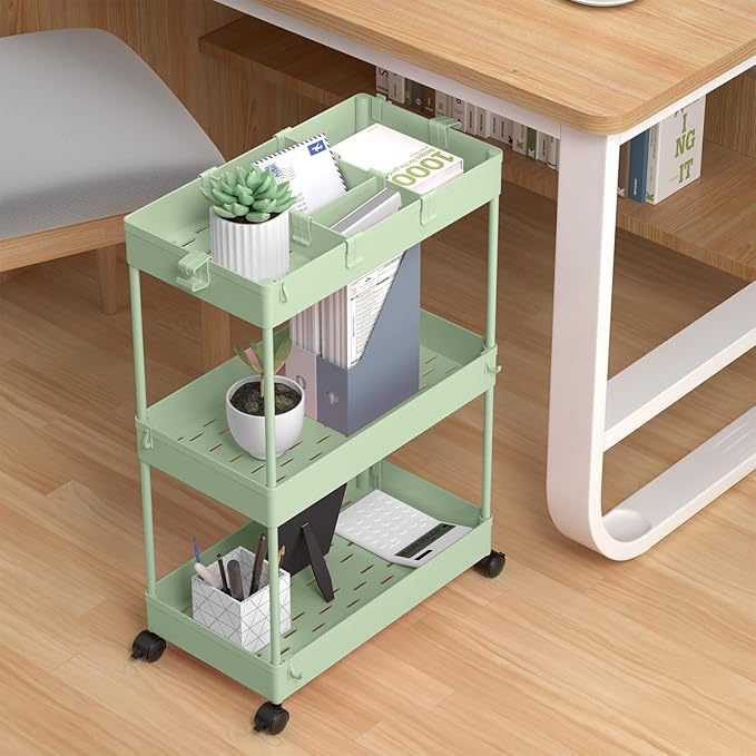 SPACELEAD 3 Tier Rolling Cart with Wheels, Storage Craft Art Trolley Organizer Serving, 3 Hanging Baskets Easy Assembly, for Office, Living Room, Kitchen, Green