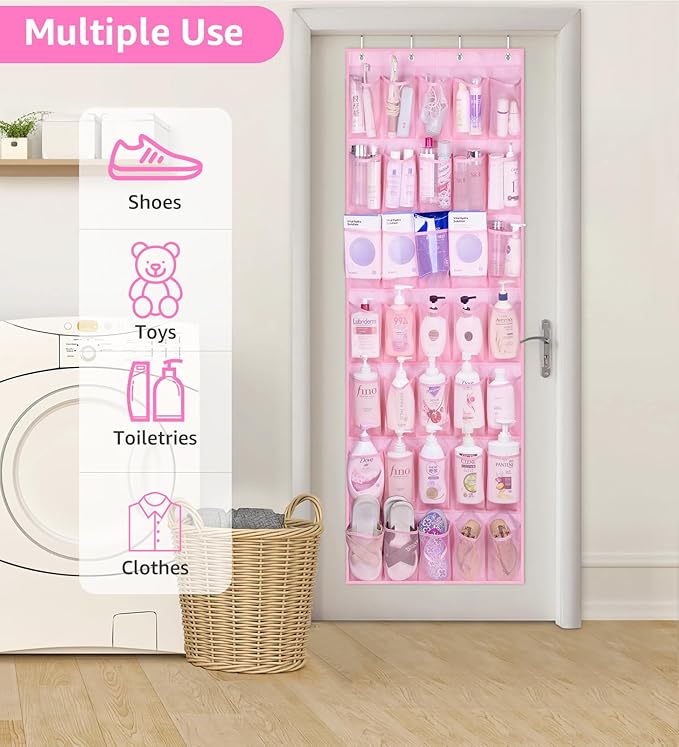 MISSLO 35 Large Pockets Over The Door Shoe Organizer Sturdy Oxford Fabric Hanging Shoe Rack for Door Mesh Closet Shoe Holder Hanger, Pink
