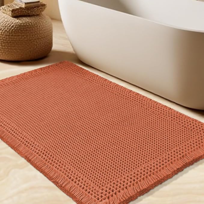 Upgrade Waffle Bath Mat, Boho Bathroom Rugs Absorbent Non Slip, Ultra Soft Bathroom Mat, Machine Washable Knit Bath Rugs with Border for Bathroom, Bedroom, Kitchen, Shower,Tub, 36"x24", Burnt Orange