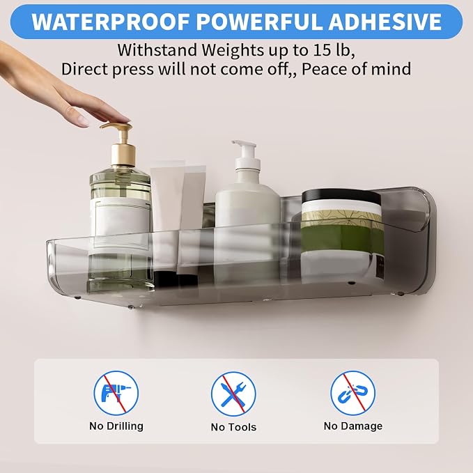 Diesisa 2pc Acrylic Wall Mounted Shower Caddy, Adhesive Shelf, Bathroom Shelves for Wall, Self Adhesive Organizer, No Drilling Hang Walls, for Bathroom, Kitchen, Living Room
