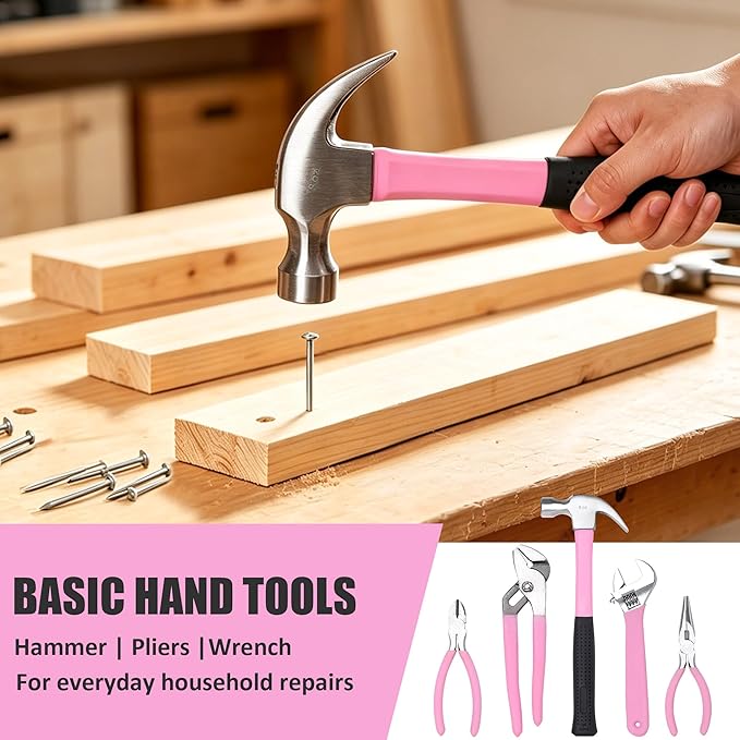 FASTPRO 215-Piece Pink Tool Set, Home Repairing Tool Set with 12-Inch Wide Mouth Open Storage Bag, Household Hand Tool Kit, Pink