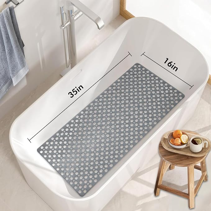 Tiamo TPE Bathtub Mat Non Slip Quick Dry Suction Cups Shower Mat | 35x16 inch long size, machine washable, gray, ideal for elderly, pregnant women, and kids, smooth surfaces only