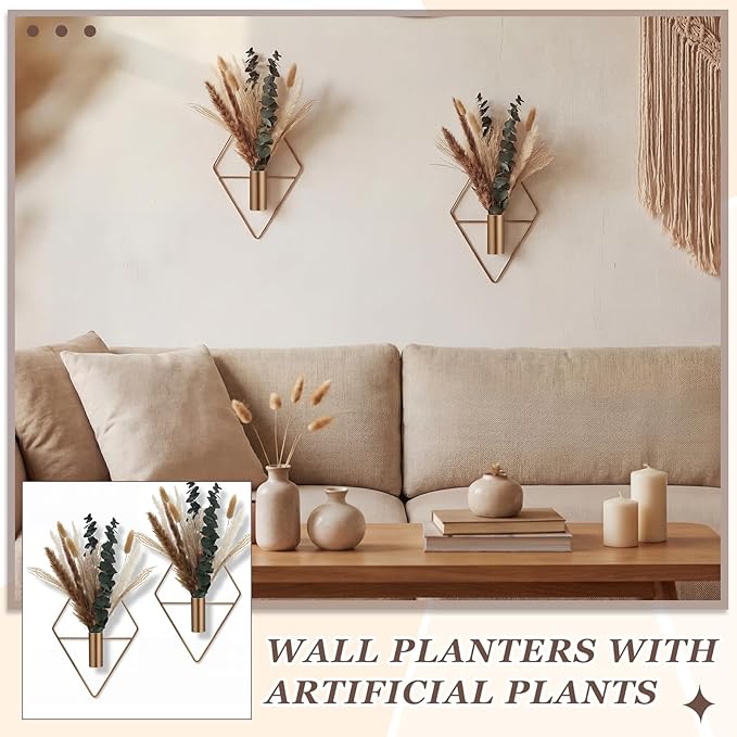 Jexine 4 Pcs Hanging Planters with Artificial Pampas Metal Hanging Vase Indoor Plants Holder Modern Geometric Boho Bathroom Wall Decor for Living Room Home Office, Antique Copper