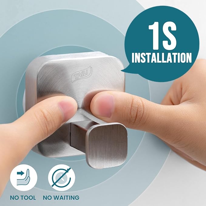 TAILI 304 Stainless Steel Bathroom Suction Hook for Towel, Loofah, Bathrobe, Patented Strong Suction Cup, Damage-Free Hanging Glass Shower Wall Hook, Hold Up to 11 Lbs, 2 Pack, Modern Square, Silver