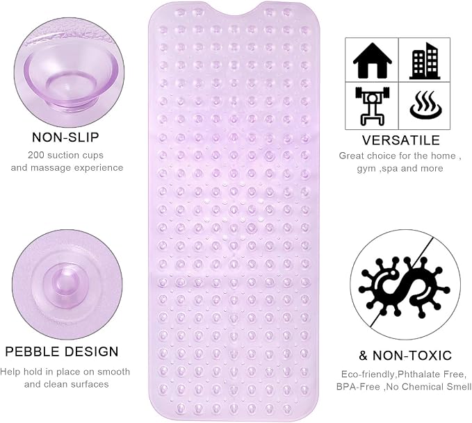 YINENN Bath and Shower Safety Mats 40x16 inch, Non Slip with Suction Cups for Bathroom Stall and Tub Floor, Extra Large and Machine Washable, Drain Holes Keep Bathtub Clean, Purple