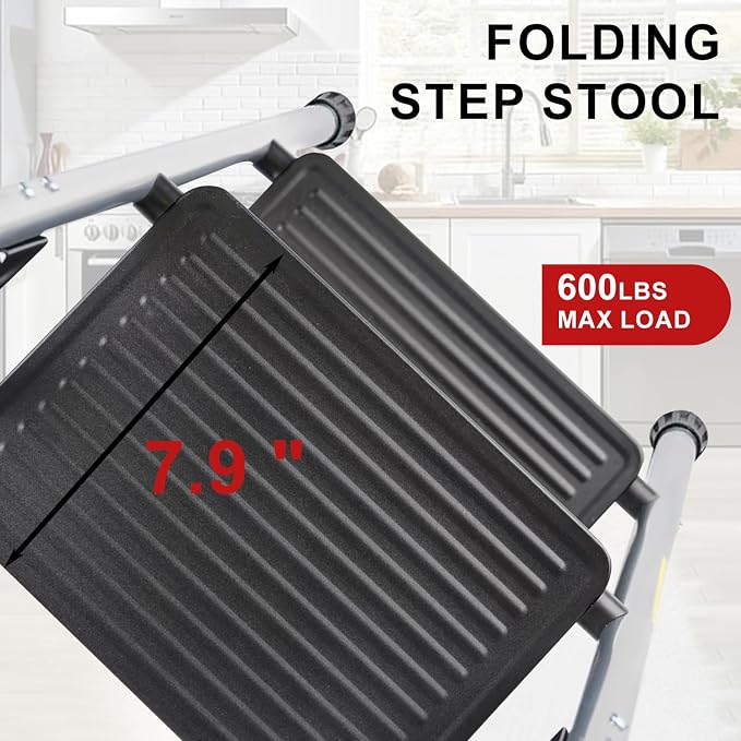 2 Step Ladder for Kitchen Step Stool, Lightweight Folding Step Stool with Curved Safety Handrail, Auto-Lock Mechanism & Non-Slip Wide Pedals, Slim&Foldable for Home Indoor（Sliver）