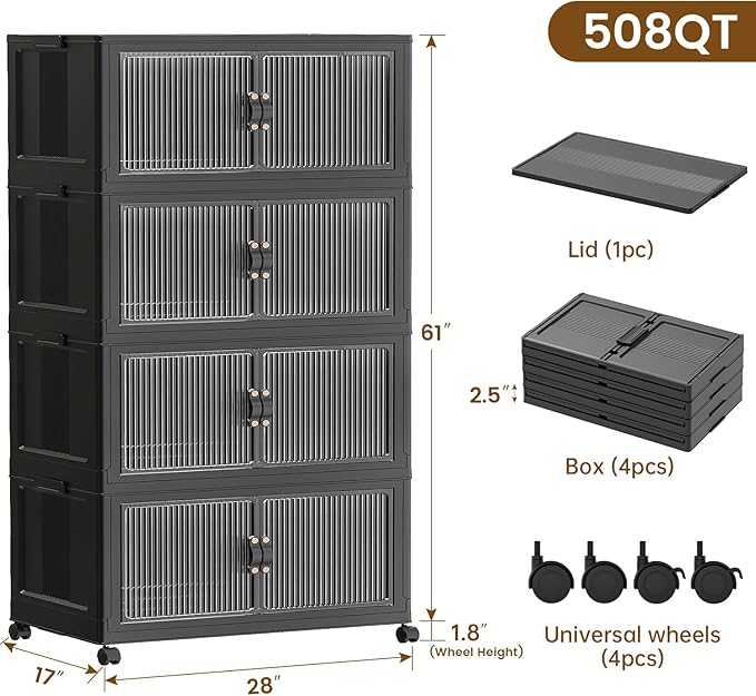 SAILUN 127Gal/508Qt Extra Large Stackable Storage Bins Folding Collapsible Storage Bins with a Lid, Closet Organizers and Storage Black 28" W x 1