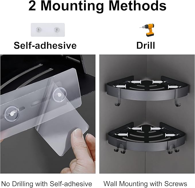DUFU Adhesive Corner Shower Caddy with Hooks,Bathroom Shower Organizer, No Drilling Rust Proof Aluminum Shower Shelf for Inside Shower 2 Pack (Black)