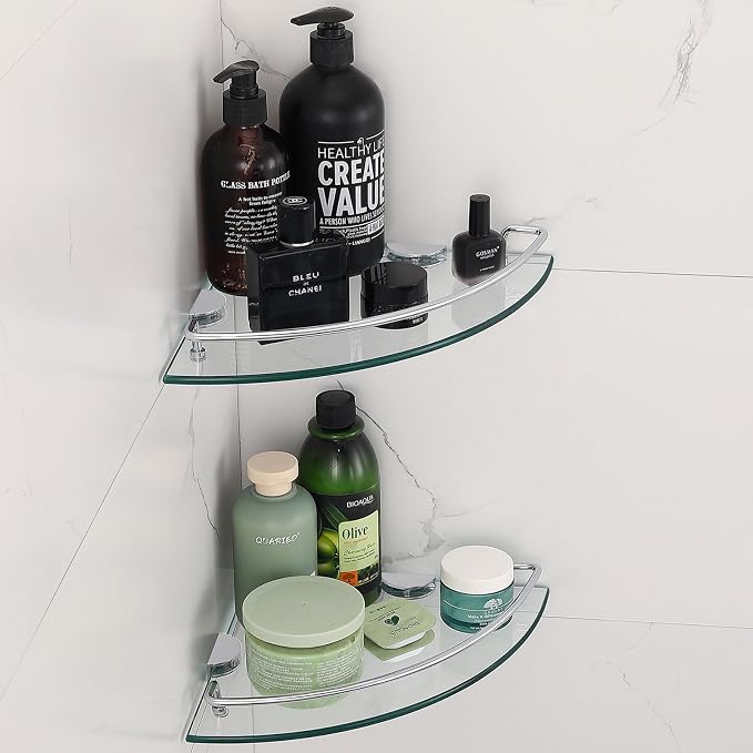 2 Ties Glass Corner Shelf with SUS 304 Stainless Steel Rail Chrome Finished, Esquinero para baños, Rustproof Tempered Glass Shelf, Shower Caddy Organizer 9.8" x 9.8"