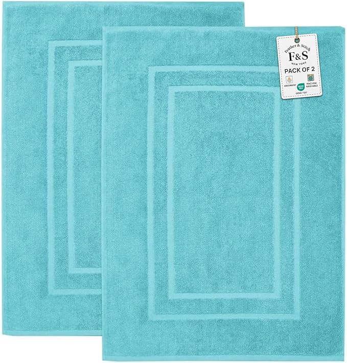 Feather & Stitch 2 Piece Towel Like Bath Mats (30x21 Inch) 100% Cotton Terry Bath Mats, Bathroom Shower Floor Mats [NOT A Bathroom Rug], Soft Absorbent Washable Mats - Aqua