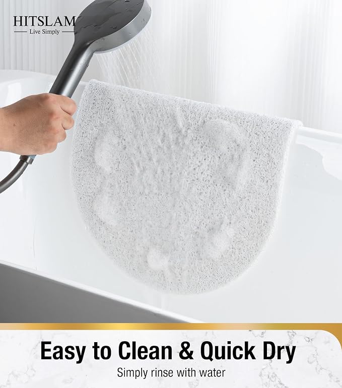 HITSLAM Oval Loofah Shower Mat Non Slip, 27x16 Inch Bath Mat for Textured Tub & Inside Shower Stall, No Suction Cups Quick Drying PVC Porous Floor Mat, Soft Foot Exfoliating Bathtub Mat, White