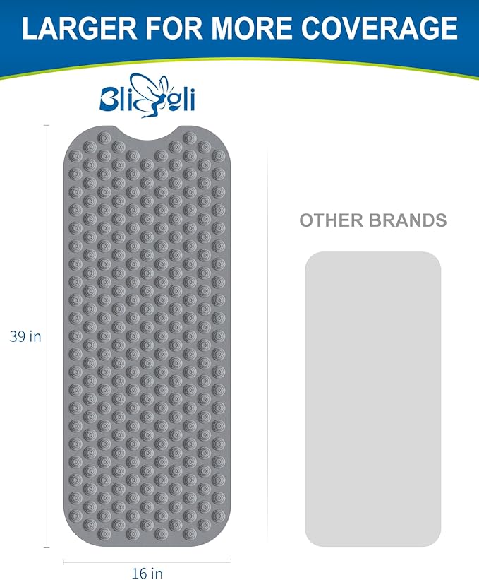 Bathtub Mat Non-Slip Without Suction Cups, 39x16inch Extra Long Bath Mats for Shower Bathroom, Machine Washable Natural Rubber Shower Tub Mat (39x16inch, Deep Grey)