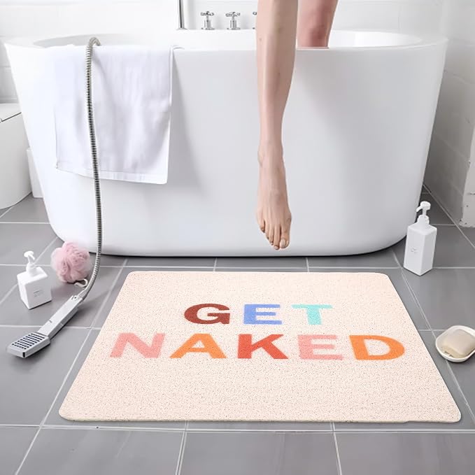 Get Naked Square Shower Mat, Non Slip Bath Mat Quick Drying Bathmat Easy Cleaning Shower Matt for Bathroom Floor, Cute Fun Bath Mats Textured Surface Shower Foot Scrubber Mat, 24″X24″