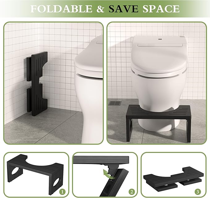 ROMGUAR CRAFT 7 Inch Bamboo Toilet Stool, Foldable Poop Stool, Bathroom Step Stool Squat (Black)