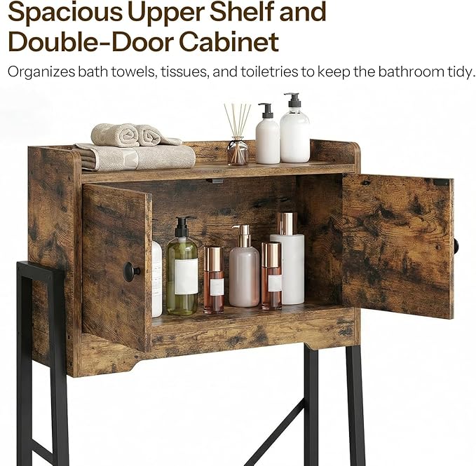 YATINEY Over The Toilet Storage Cabinet, Freestanding Above The Toilet Storage Cabinet, Over The Toilet Storage Rack with X-Shaped Back Support, for Bathroom, Laundry, Rustic Brown and Black TR04BR
