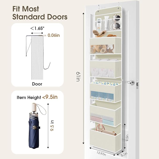 SpaceHacks 6-Tier Over The Door Organizer, Hanging Storage Organizer with Clear Window, 40lb Ultra Sturdy Large Capacity Room Organizer for Pantry Bathroom Nursery Closet Baby Essential (Beige)