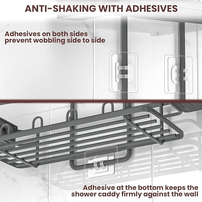 REINHARDT Shower Caddy Hanging, Rustproof Bathroom Caddy Anti-Swing Shower Organizer No Drilling Bath Racks with Soap Holder Multi Hooks Bathroom Storage for Shampoo Sponge, Grey
