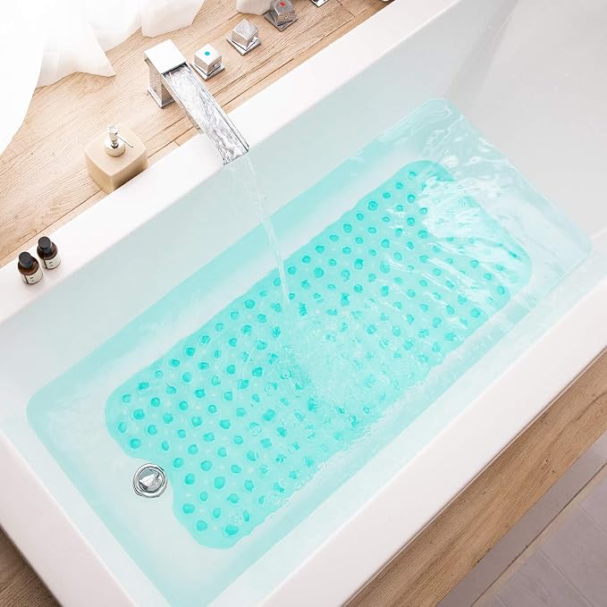 TEESHLY Bathtub Mats for Shower Tub, Extra Long Non-Slip 39 x 16 Inch Bath Mat with Drain Holes and Suction Cups, BathMat for Bathroom with Machine Washable (Clear Turquoise)