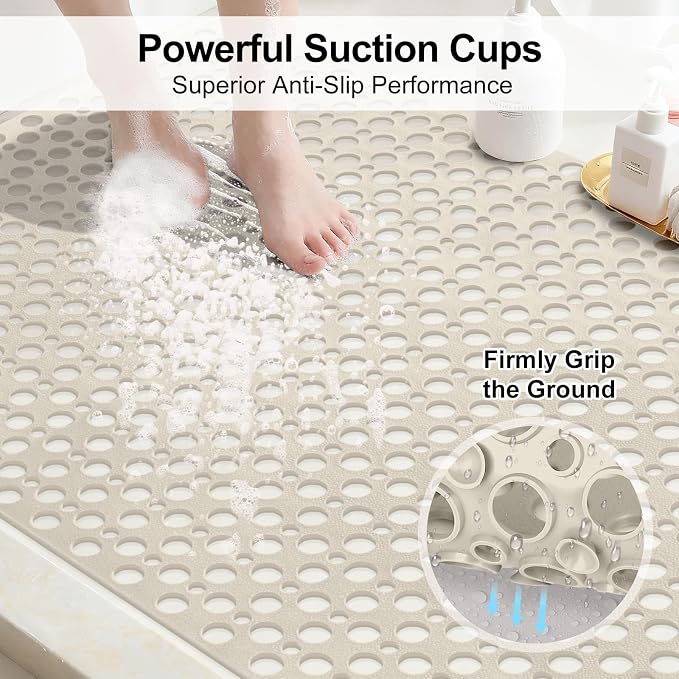 Anti Slip Shower Mat with Suction Cups,31.5x47.2 Inch Quick Drain TPE Non Slip Shower Mats for Inside Shower,Large Bath Mat for Shower Soft on Feet, Easy to Dry&Cut Machine Washable